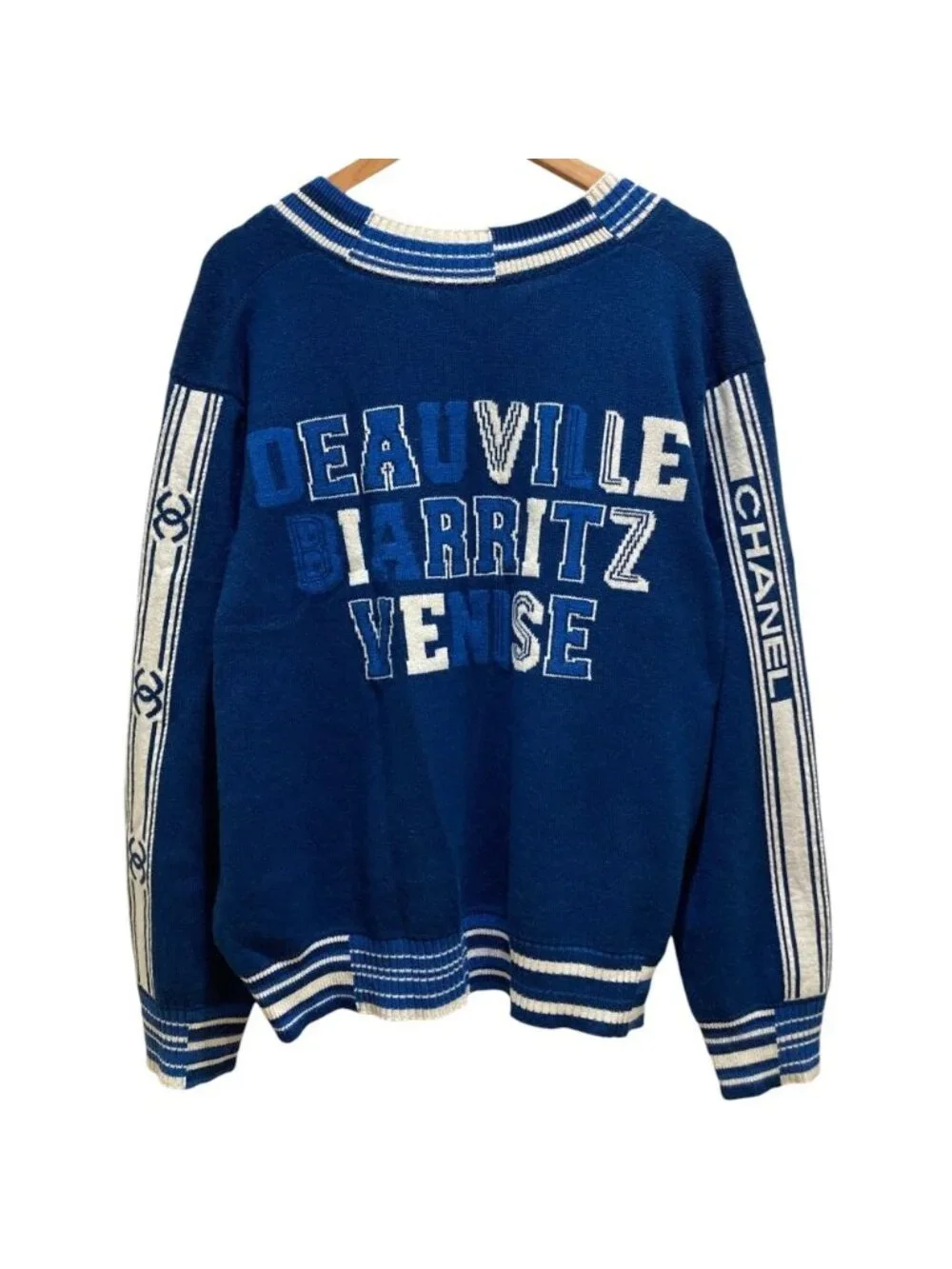 Chanel Numbering Jacquard Neck Cashmere Pullover Knit Sweater S Blue